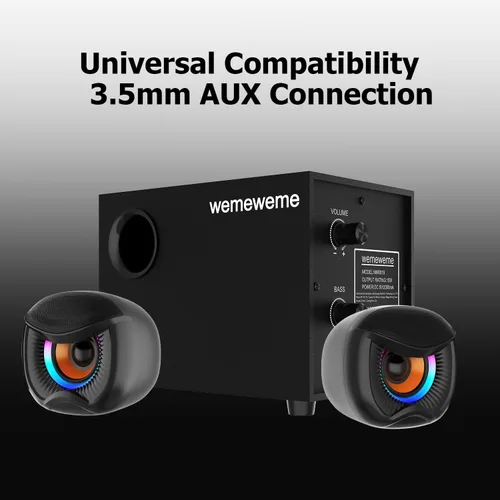 Vista 3 de Altavoces de computadora, altavoces de PC con subwoofer, altavoces para juegos 2.1 para PC de escritorio, alimentación USB con cable auxiliar