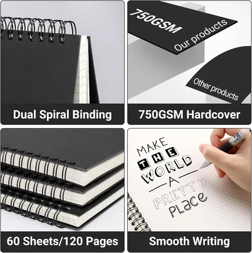 Vista 4 de EUSOAR Cuaderno de cuadrícula en espiral, 3 paquetes A4 de 11 pulgadas x 8-1/2 pulgadas, tapa dura, diario negro, 120 páginas/60 hojas de papel