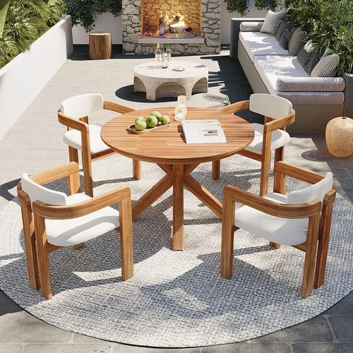 Vista 15 de Juego de comedor de patio al aire libre de 7 piezas, madera de acacia con marco de hierro, mesa rectangular para todo tipo de clima y 6 sillas