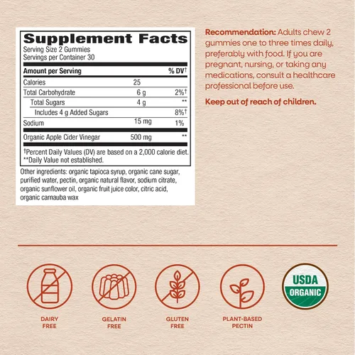 Vista 6 de Nature's Way Gomitas orgánicas de vinagre de sidra de manzana, 500 mg de vinagre de sidra de manzana orgánico por 2 porciones de gomitas, sabor a