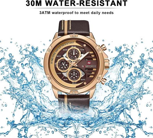 Vista 5 de NAVIFORCE Relojes deportivos militares para hombre, reloj impermeable analógico de cuarzo, correa de piel, fecha, calendario, reloj de pulsera