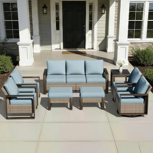 Vista 90 de Joyside - Sofá de mimbre para patio al aire libre, sofá de ratán de 3 plazas con cojines gruesos de olefina y reposabrazos rectangular con marco