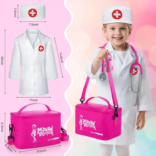 Vista 2 de Sundaymot Kit de Doctor para Niñas, 34 piezas juego de simulación, kit de Doctor para niños pequeños de 3 a 5 años, con bolsa médica, estetoscopio