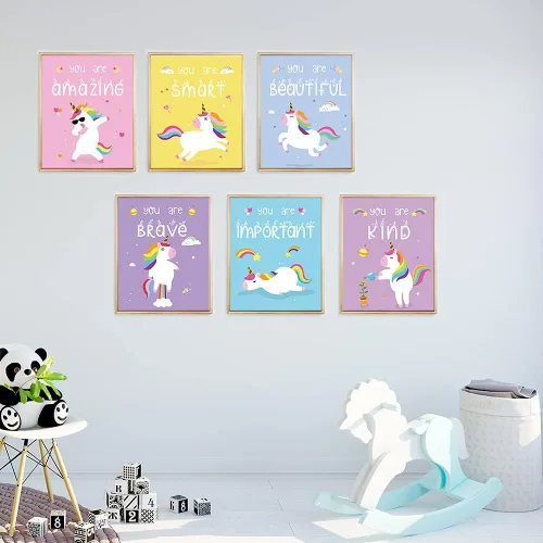Vista 2 de IIILUYOT Juego de póster inspirador de unicornio, paquete de 4 (8 x 10 pulgadas), decoración de habitación de niñas, arte de pared para dormitorio