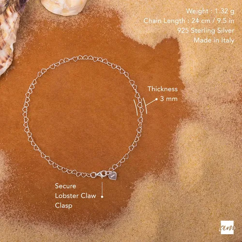 Vista 5 de Amberta Tobillera de plata de ley 925 naturalmente ajustable – Pulsera de tobillo de 0.118 in con cadena de corazón – hasta 10 pulgadas – Ajuste