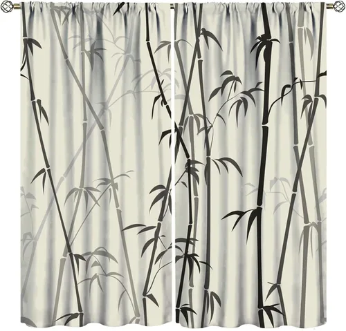 Vista 19 de Cortinas con estampado de bambú verde natural, plantas asiáticas, japonesas, tallos rústicos, hojas, cortina de selva con bolsillo para cortinero