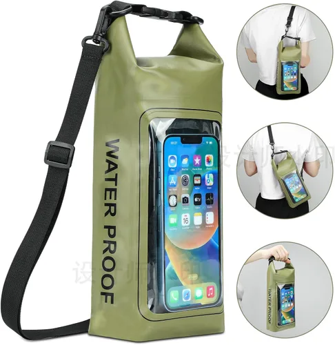 Vista 4 de Bolsa seca impermeable de 2 litros, funda enrollable para teléfono de playa, bolsa seca ligera para natación, kayak, campamento, pesca, viajes, Verde