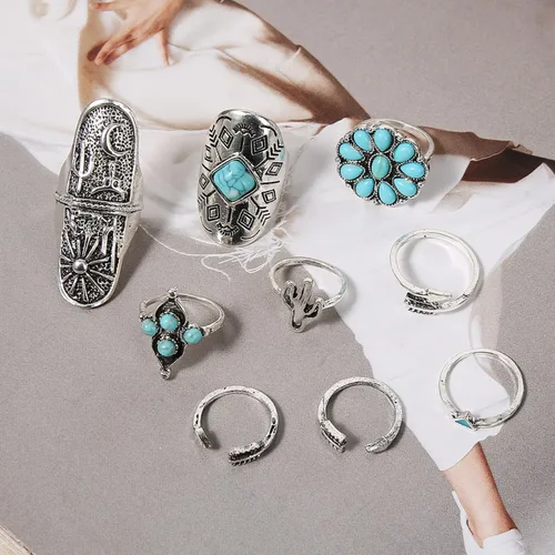 Vista 3 de Juego de anillos bohemios de turquesa para mujer, anillos apilables vintage para nudillos, anillos ovalados con piedras preciosas de piedra gruesa