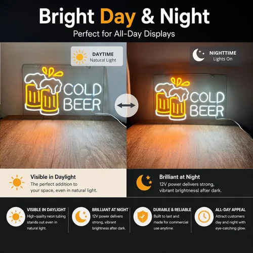 Vista 5 de Letrero de neón de cerveza fría para negocios y bar en casa, luz LED de PET flexible duradera para pub, cueva de hombre, garaje, regalo único