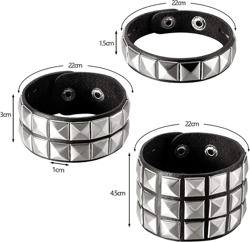 Vista 3 de eYLun Pulsera de cuero para hombres y mujeres, pulseras punk, pulsera ajustable de roca, 2 piezas