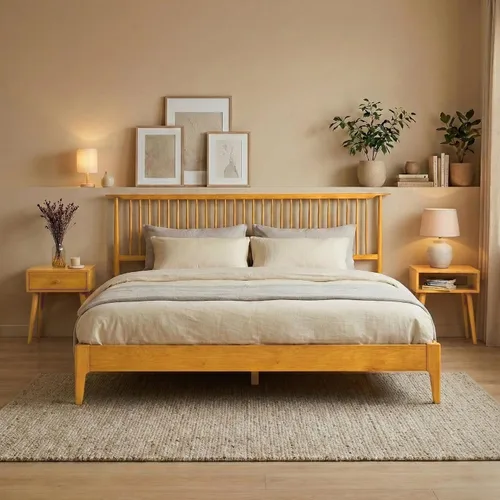 Vista 7 de NTC Marco de Cama de Madera Ruby con Cabecero y Ratán Natural, Base de Madera Sólida de Roble/Caucho con Listones Silenciosos, Capacidad de 1000
