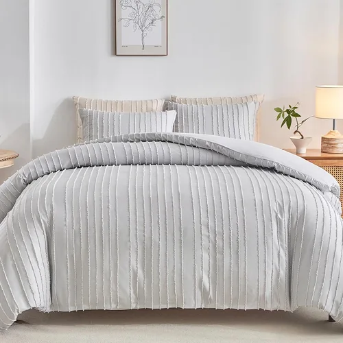 Vista 11 de WARMDERN Juego de funda de edredón a rayas azules, ropa de cama con textura bohemia acolchada con mechones, 2 piezas tamaño Twin de microfibra
