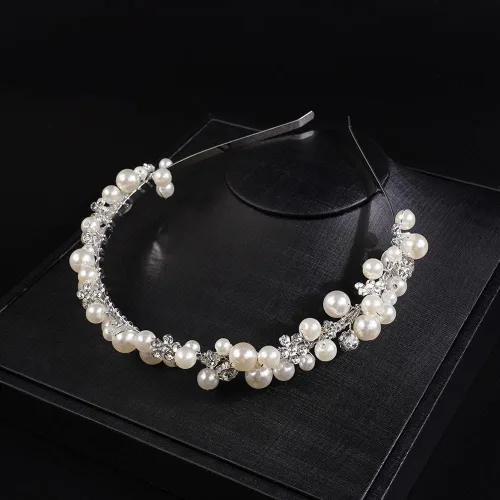 Vista 6 de Jumwrit Diadema de boda con perlas, corona de tiara de diamantes de imitación, corona de flores plateadas, accesorio para el cabello de princesa