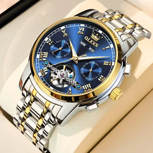 Vista 3 de OLEVS Relojes automáticos de cuerda automática para hombre, fecha y día, calendario, relojes de acero inoxidable, movimiento esquelético