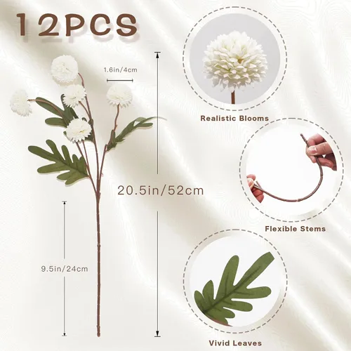 Vista 2 de 12 piezas de flores Kiku falsas, bolas artificiales de crisantemo pequeñas con tallos, mini pompones de seda sintética para jarrón, arreglos