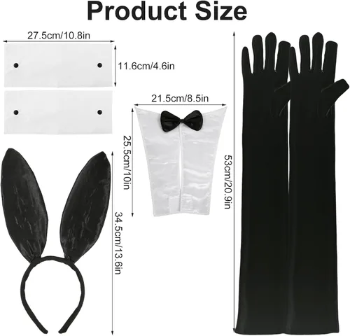 Vista 2 de LUTER 6 accesorios de disfraz de conejo, juego de disfraz de conejo, diadema de orejas de conejo, cuello, corbatín, guantes, puños, disfraz