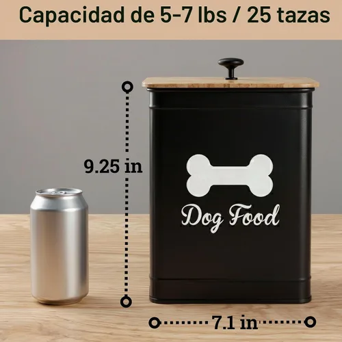 Vista 6 de Contenedor de comida de metal para perros de 5 a 7 libras, 25 tazas con tapa de bambú hermética, mango de metal Negro: Hueso