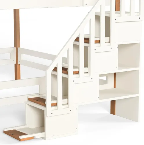 Vista 5 de Queen Loft Bed with Shelves and Clothes Hook, Space-Saving Wood Loft Bed Frame with Staircase and Ample Under-Bed Space, Beige & Natural