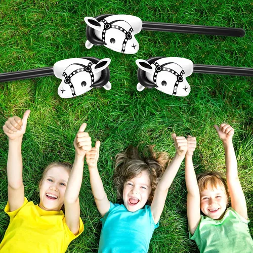 Vista 7 de Chivao 12 piezas inflables de palo de caballo linda cabeza de caballo, globo inflable colorido vaquero vaquera decoración de fiesta para fiesta Negro