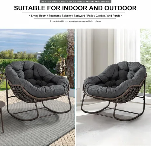 Vista 7 de Juego de 2 mecedoras para exteriores, silla mecedora de huevos de mimbre de gran tamaño, para interiores y exteriores, cómoda silla mecedora con Gris
