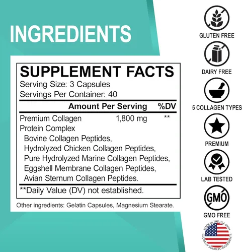 Vista 8 de Péptidos de colágeno múltiple y multivitamínico para mujer, cápsulas complejas de colágeno múltiple tipo I, II, III, V y X, píldoras de péptidos