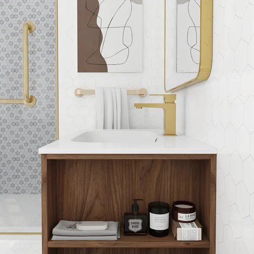 Vista 9 de Juego de tocador de baño de 30 pulgadas con lavabo de gel montado en la pared, moderno juego de tocador de baño con 2 cajones y estante abierto