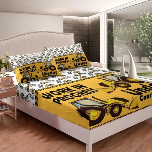 Vista 2 de Juego de sábanas bajeras ajustables para niños, diseño de caricaturas, camiones, tamaño individual, juegos de ropa de cama de excavadoras, camiones