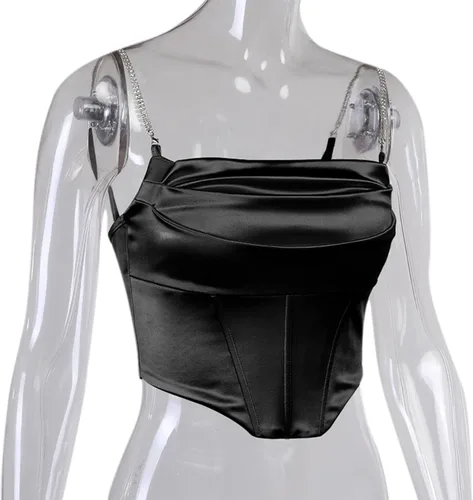 Vista 3 de Camiseta corta sexy de satén de seda para mujer, camiseta sin mangas con tirantes delgados y diamantes de imitación brillantes