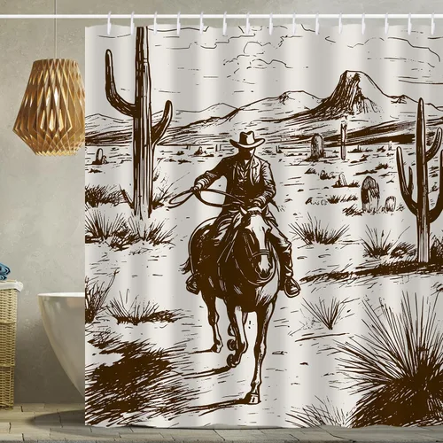 Vista 12 de Cortina de ducha de calavera de toro occidental estilo boho con cuernos de vaca, calavera de cactus bohemia en negro y dorado con ganchos, cortina