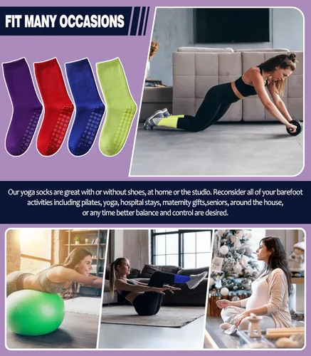 Vista 6 de MQELONG Calcetines de yoga antideslizantes con agarres para pilates, ballet, entrenamiento descalzo, calcetines atléticos, antideslizantes, 4 pares