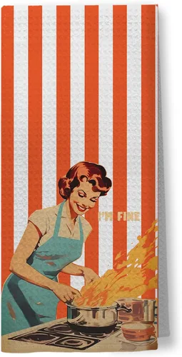 Vista 12 de Toallas de Cocina Divertidas "I'm Fine", Toallas Decorativas de Cocina y Té Estilo Ama de Casa Retro de los 50s, Toallas de Mano de Humor Sarcástico