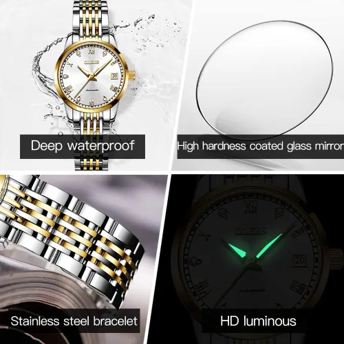 Vista 5 de OLEVS Relojes automáticos para mujer, relojes de pulsera pequeños de acero inoxidable para mujer, pulsera de tono dorado y plateado