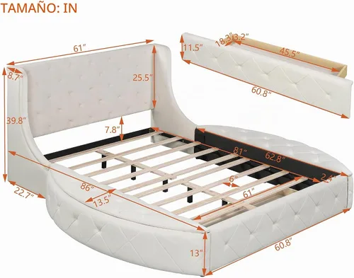 Vista 2 de Bellemave Cama de plataforma tapizada de terciopelo con almacenamiento, marco de cama tamaño Queen con cabecero, 1 cajón grande y 2 taburetes