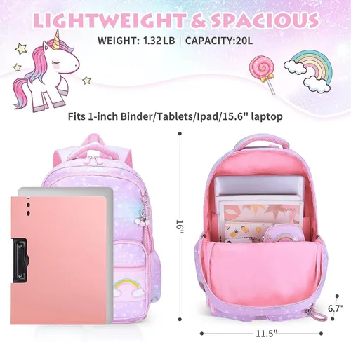 Vista 4 de Mochila para niñas, mochilas escolares de 16 pulgadas para niñas, bonita bolsa de libros para niñas, niños, estudiantes, escuela primaria, Púrpura