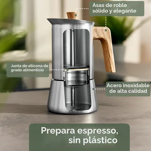 Vista 3 de WALDWERK Cafetera Moka de Acero Inoxidable (10 oz) - Cafetera Moka Libre de Tóxicos con Mango de Madera de Roble - Cafetera de Estufa para Espresso