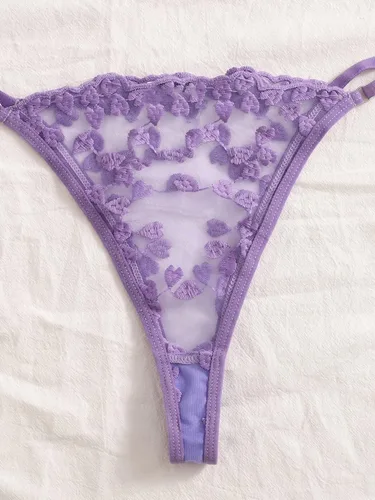 Vista 4 de WDIRARA Conjunto de lencería de malla frontal con lazo bordado de corazón para mujer