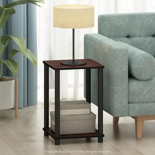 Vista 15 de Furinno Claude Mesa Auxiliar, Mesa Lateral de Mediados de Siglo con Estación de Carga, Mesita de Noche con Patas de Madera, Mesa de Cabecera