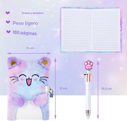 Vista 5 de PJDRLLC Diario de gato con cerradura, regalo para niñas de 6, 7 y 8 años, diario secreto con monedero, bolígrafo multicolor, nota post-it