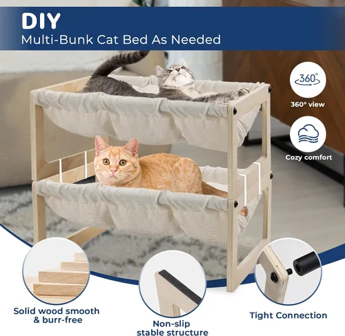 Vista 3 de Cama elevada para gatos, hamaca de madera para gatos con cojín lavable
