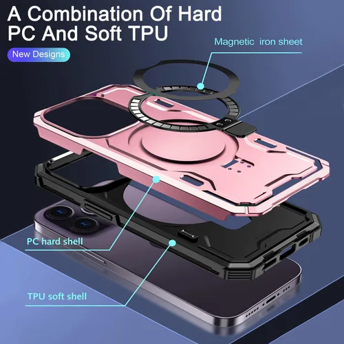 Vista 6 de Funda para iPhone 14 Pro, compatible con MagSafe, soporte invisible integrado y soporte de anillo, grado MIL, doble capa a prueba de golpes, funda