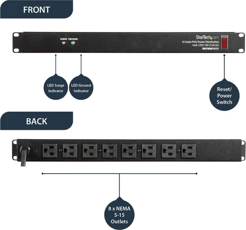 Vista 6 de StarTech Paquete de regleta de alimentación PDU para montaje en rack de 1U y 8 tomacorrientes horizontales para rack de 1U