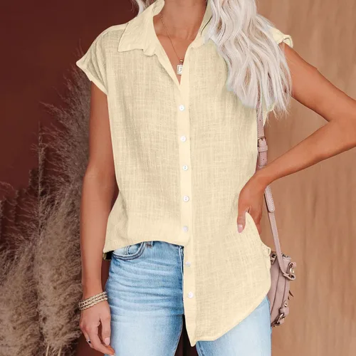 Vista 51 de Ceboyel Camisas para mujer de moda de verano, algodón, lino, manga corta, cuello con botones, blusa casual para mujer 2023