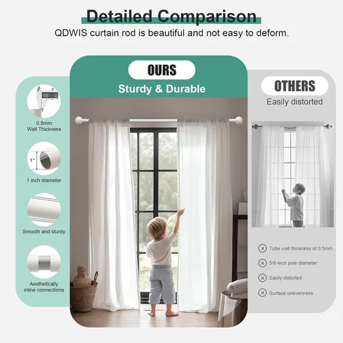 Vista 3 de QDWIS Barras de cortina de bola blancas antiguas para ventanas de 28 a 48 pulgadas, barra de cortina ajustable resistente de 1 pulgada, juego