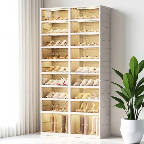 Vista 7 de Organizador plegable para zapatos para armario, 9 niveles, 18 pares, apilable, estante de zapatos plegable con puertas, organizador de zapatos