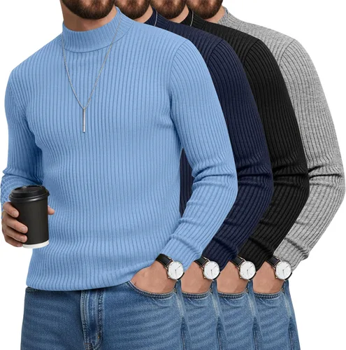 Vista 19 de Paquete de 4 Camisetas de Cuello Alto Simulado para Hombre de Algodón de Punto Acanalado de Manga Larga Pullover Ajustado Casual Suéteres Básicas