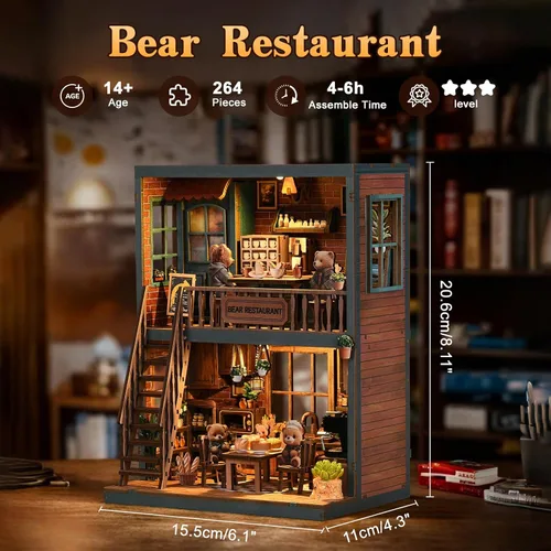 Vista 2 de Kit de casa en miniatura, kit de construcción de restaurante de oso de madera 3D con muebles y LED, juego de modelo de casa de muñecas de diorama