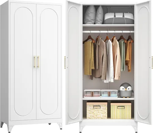 Vista 10 de Armario de metal con 2 puertas, armario de 71 pulgadas de alto con puertas, barra para colgar, cajones y estantes ajustables, armarios