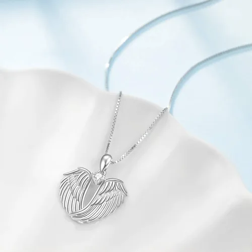 Vista 3 de YFN Collar de alas de ángel de plata de ley 925 con colgante de alas de ángel guardián collar de piedra natal para mujeres y niñas joyería de Navidad