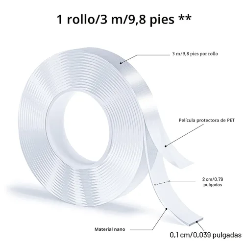 Vista 2 de 3 rollos de cinta adhesiva de doble cara, nano, cinta adhesiva transparente, cinta adhesiva sin rastro, extraíble, lavable, reutilizable, adecuado