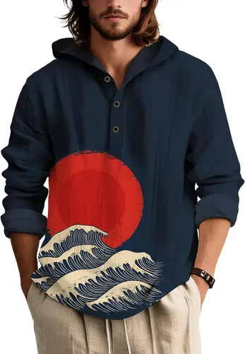 Vista 13 de Sudadera con capucha para hombre, de gran tamaño, elegante, vintage, con botones, casual, de manga larga, sudadera con capucha